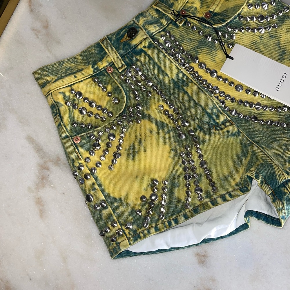 Gucci Washed Studded And Tiger Embroidered Denim Shorts in Green/Yellow - Picture 5 of 13